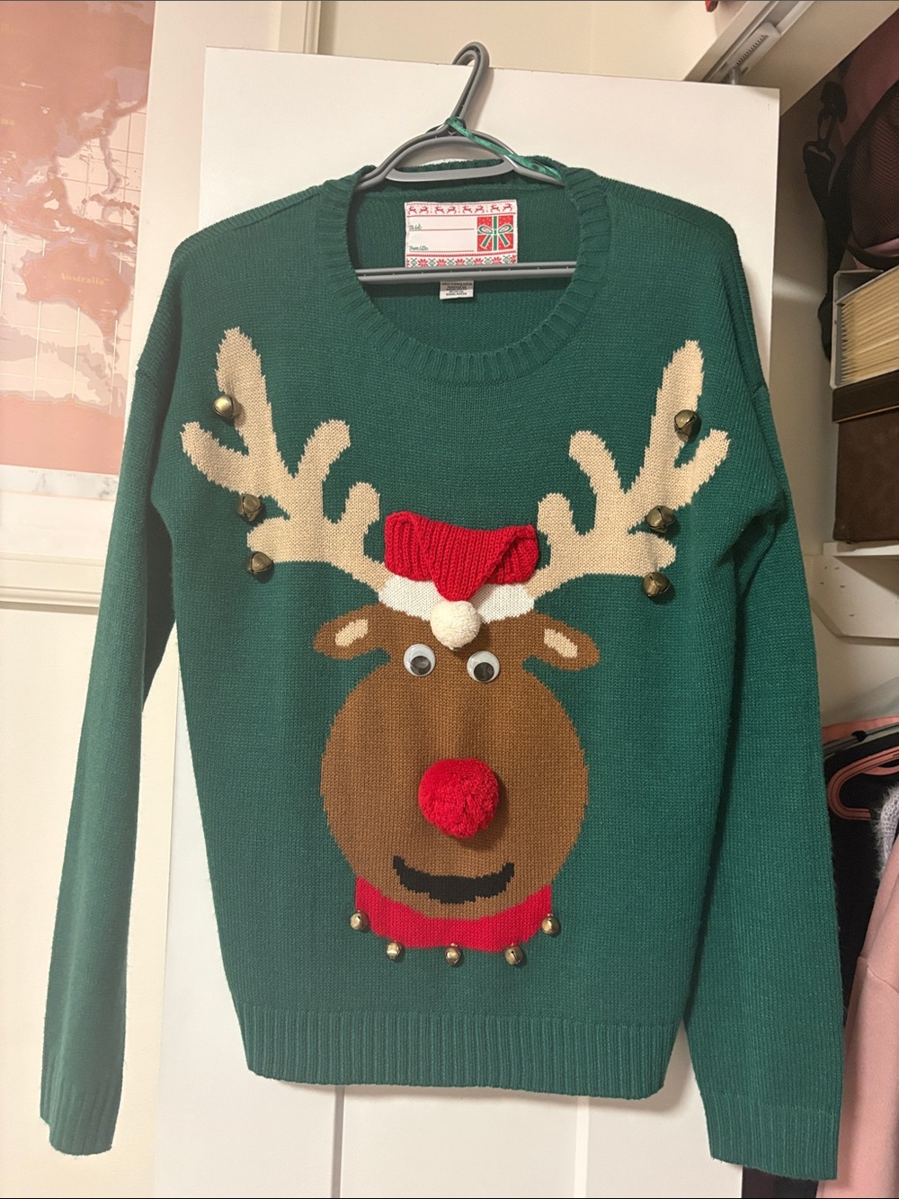 Green Reindeer Holiday Sweater with Pom Nose